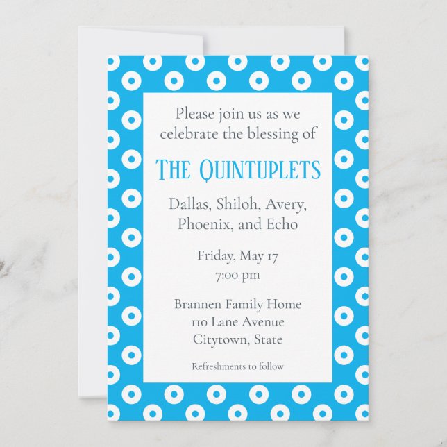 Invitation Polka-Dots Bleu & Blanc Multiples Bénédiction Bébé (Devant)