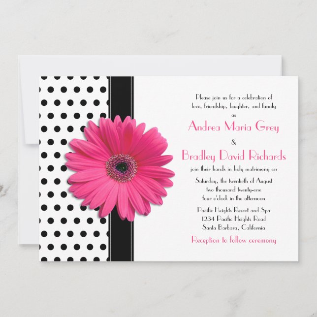 Invitation Polka noir et blanc Mariage de marguerite rose (Devant)