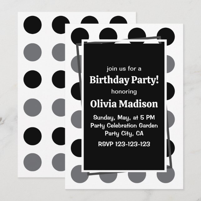 Invitation Polka noire gris point fête d'anniversaire (Devant / Derrière)