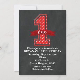 Invitation Polka rouge et blanc point 1 fête d'anniversaire