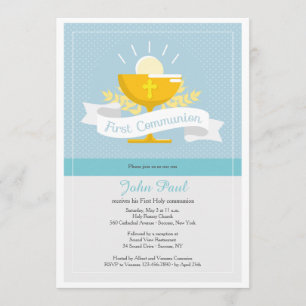 Invitation Polkadot bleu première communion