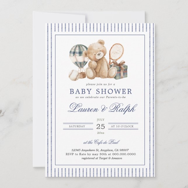 Invitation Polo Bear Baby Shower Preppy Boy Plaid Baby Shower (Devant)