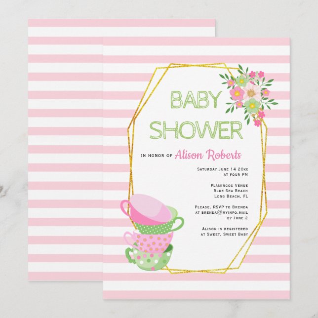 Invitation Polygone d'or, baby shower fleuri à thé rose (Devant / Derrière)