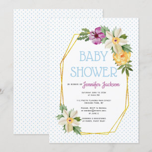 Invitation Polygone d'or, pois de fleurs baby shower floral