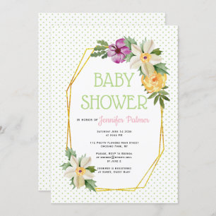Invitation Polygone d'or, pois de fleurs baby shower floral