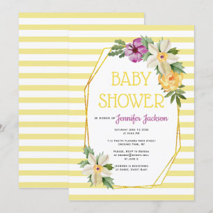 Invitation Polygone or et fleurs fleurie bébé douche jaune ja