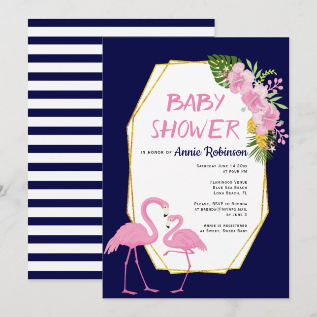 Invitation Polygone or, flamants roses baby shower bleu marin (Devant / Derrière)