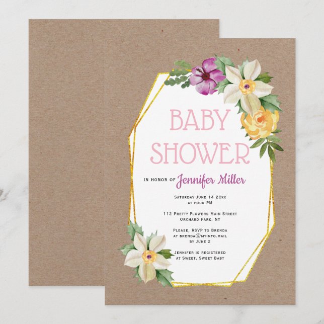 Invitation Polygone or kraft papier rustique fleuri bébé douc (Devant / Derrière)