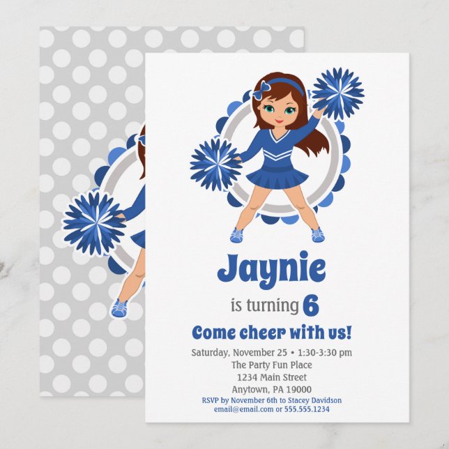 Invitation Pom-pom girl Bleu - Brunette Girls Joyeux Annivers (Devant / Derrière)