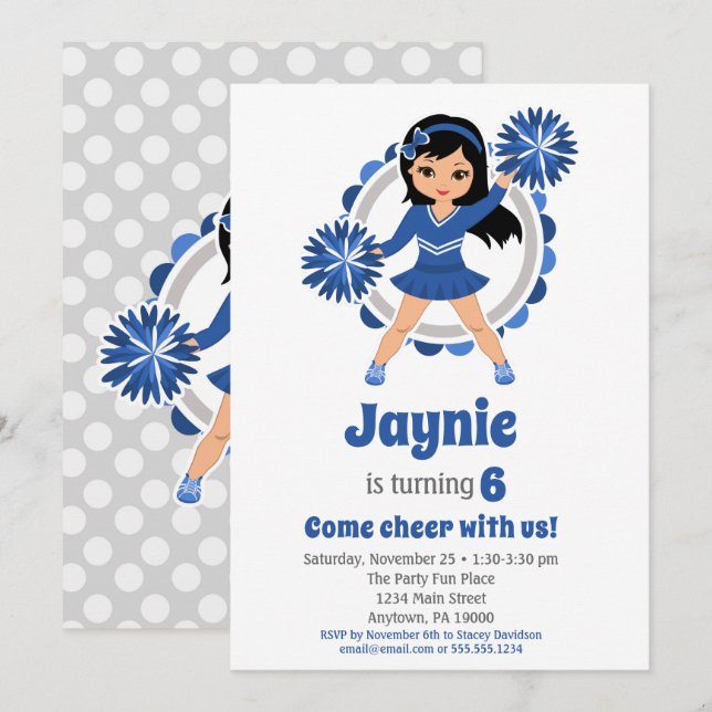 Invitation Pom-pom girl Bleu Coiffeuses noires Joyeux anniver (Devant / Derrière)