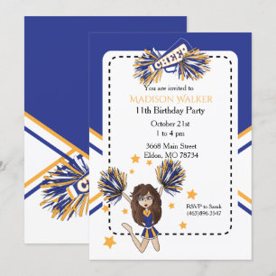 Invitation Pom-pom girl fête d'anniversaire en bleu et or