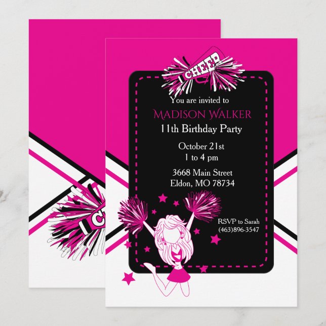 Invitation Pom-pom girl fête d'anniversaire en rose chaud (Devant / Derrière)
