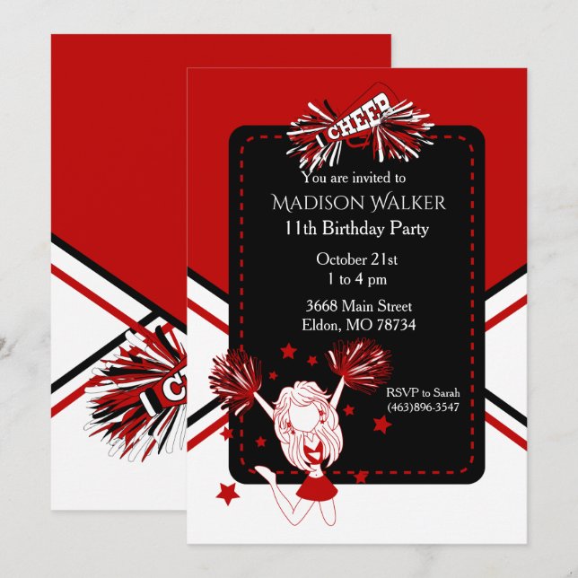 Invitation Pom-pom girl fête d'anniversaire en rouge foncé (Devant / Derrière)