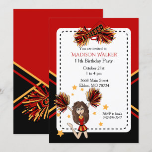 Invitation Pom-pom girl fête d'anniversaire en rouge foncé et