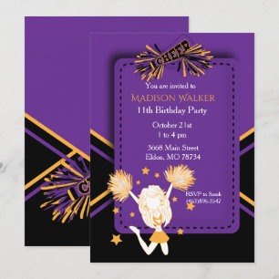 Invitation Pom-pom girl fête d'anniversaire en violet et or