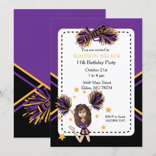 Invitation Pom-pom girl fête d'anniversaire en violet et or