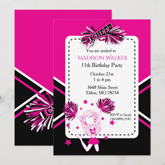 Invitation Pom-pom girl fête d'anniversaire rose chaud, noir, (Devant / Derrière)