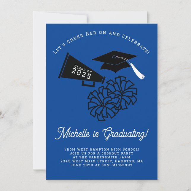 Invitation Pom-pom girl Graduation Party Bleu et noir (Devant)