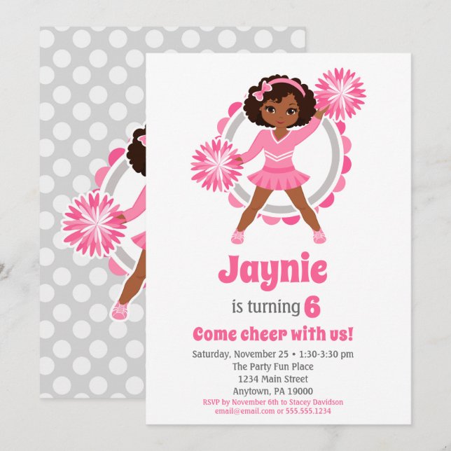 Invitation Pom-pom girl rose - Anniversaire afro-américain (Devant / Derrière)