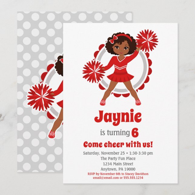 Invitation Pom-pom girl rouge - Anniversaire afro-américain (Devant / Derrière)