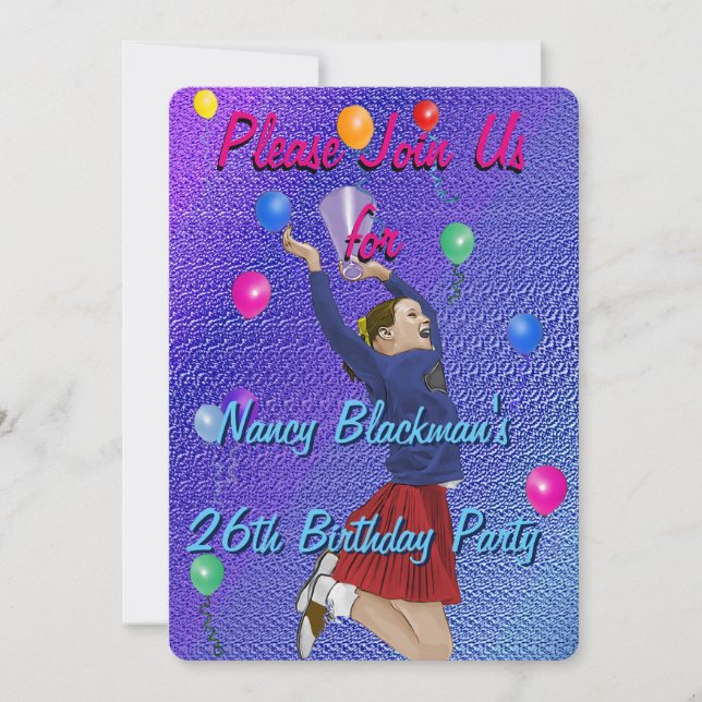 Invitation Pom-pom girl, violet et ballons (Devant)