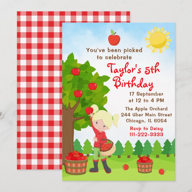 Invitation Pomme cueillette Anniversaire Blonde cheveux Invit (Devant / Derrière)