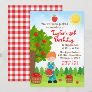 Invitation Pomme cueillette Anniversaire Cheveux Rouge Boy In