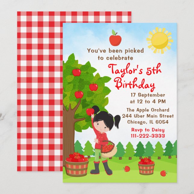 Invitation Pomme cueillir Anniversaire Black Hair Girl Invita (Devant / Derrière)