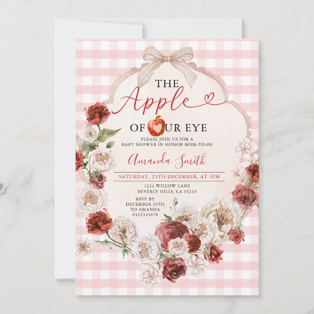 Invitation Pomme de notre Baby shower oeil Bow rose En vichy (Devant)
