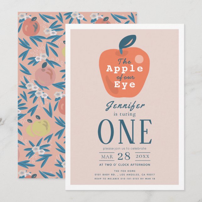 Invitation Pomme de notre fille de l'oeil rose 1er anniversai (Devant / Derrière)