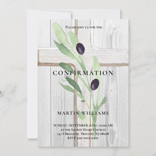 Invitation Pomme d'olive bois blanc Confirmation croix (Devant)