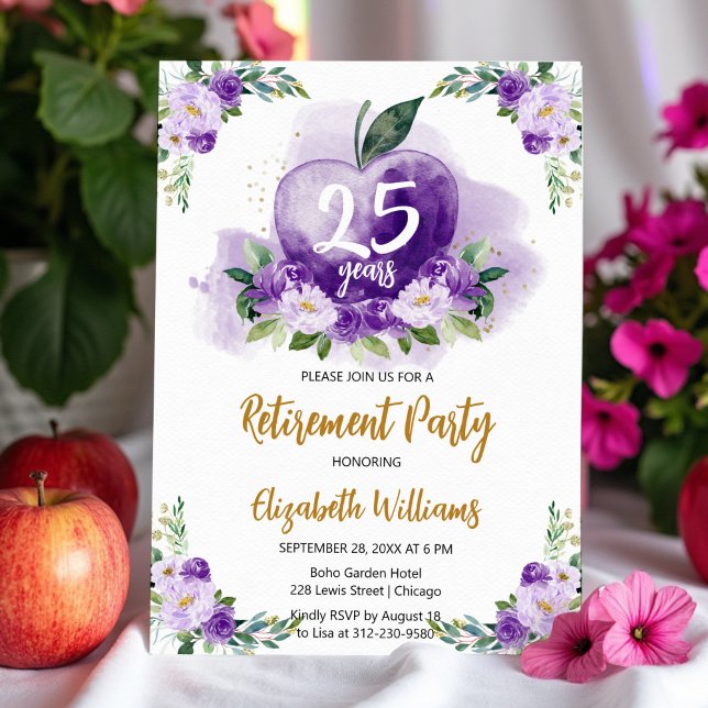 Invitation Pomme d'or violet Floral Teacher Parti de retraite (Créateur téléchargé)