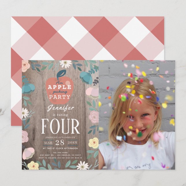 Invitation Pomme Picking Party Floral Bois Photo Anniversaire (Devant / Derrière)