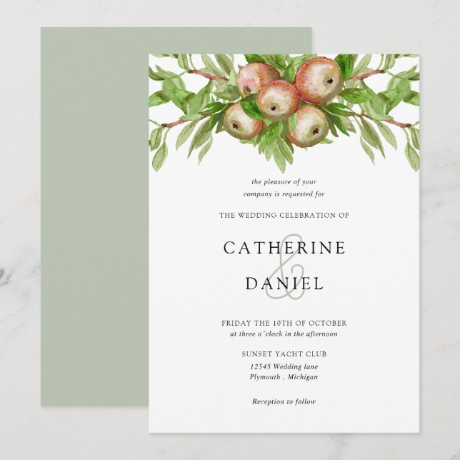 Invitation Pommes aquarelles avec mariage de branches (Devant / Derrière)