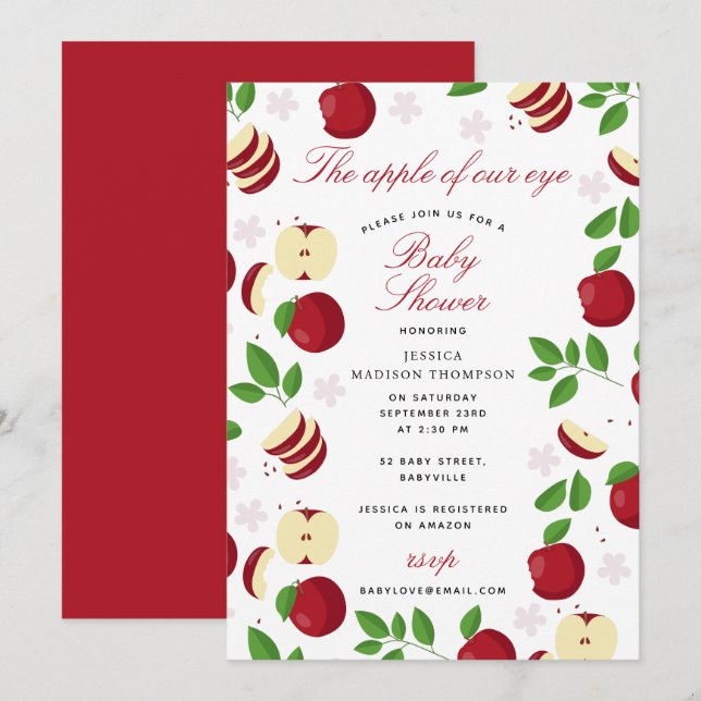 Invitation Pommes rouges Pomme de notre Baby shower oculaire (Devant / Derrière)