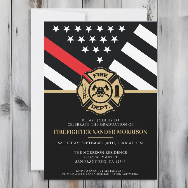 Invitation Pompier Diplôme de la Ligne Rouge Flag Flaman (Perfect invitation to invite guests to celebrate the new fire academy graduate in fire fighting!)