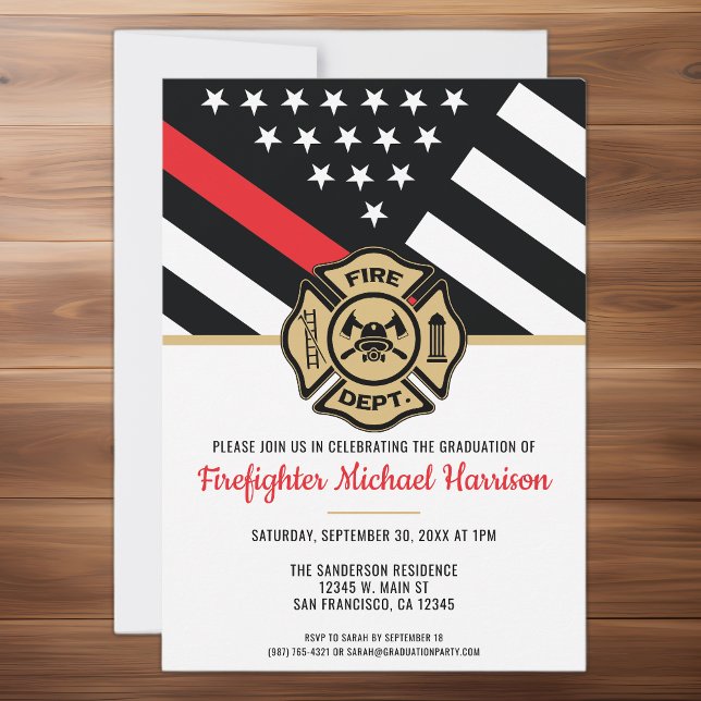 Invitation Pompier Fire Academy Red Line Drapeau Graduation (Firefighter Fire Academy Red Line Flag Graduation Invitation)