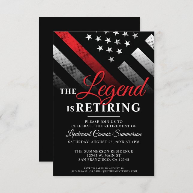 Invitation Pompier Mince Red Line Pompier Parti de retraite (Devant / Derrière)