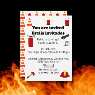 Invitation Pompier Thème Bilingue Anniversaire Fête des Garço
