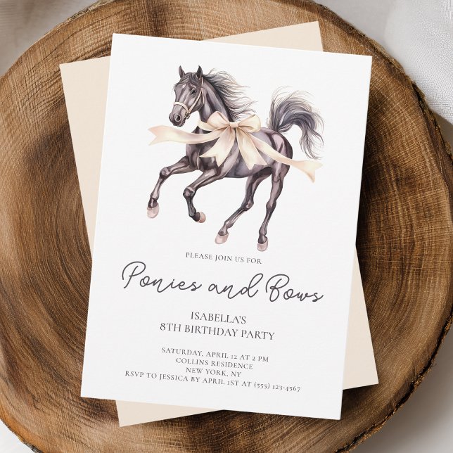 Invitation Ponies et vaches Black Horse 8e fête d'anniversair (Ponies and Bows Black Horse 8th Birthday Party Invitation)