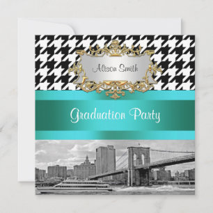 Invitation Pont de Brooklyn Blk Wht Houndstooth 2 Diplôme