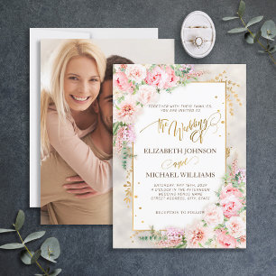 Invitation Pony rose Floral Gold Script & Frame