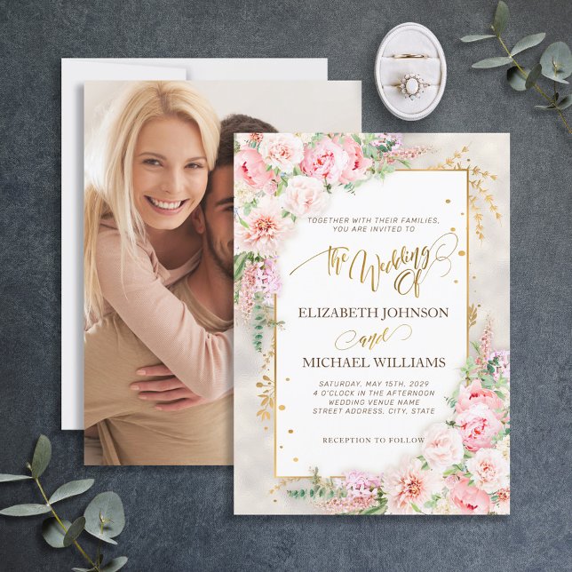 Invitation Pony rose Floral Gold Script & Frame (Créateur téléchargé)