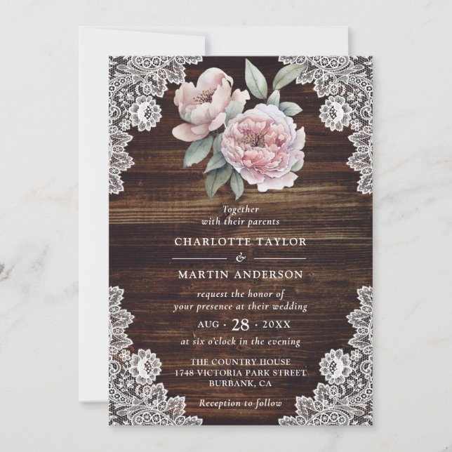 Invitation Pony rose Rustique dentelle de bois Mariage floral (Devant)