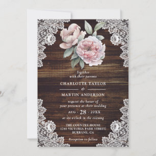 Invitation Pony rose Rustique dentelle de bois Mariage floral
