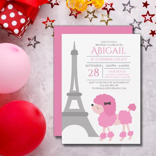 Invitation Poodle rose Tour Eiffel Adorable Anniversaire (Créateur téléchargé)