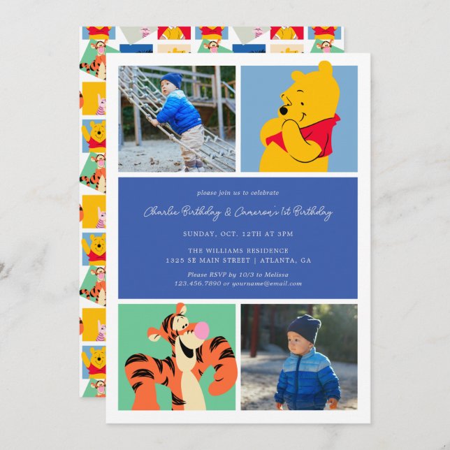 Invitation Pooh & Tigger | Jouets jumeaux Anniversaire (Devant / Derrière)