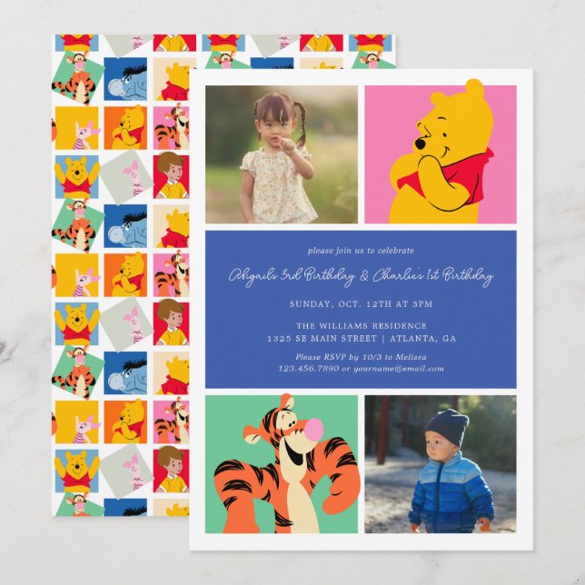 Invitation Pooh & Tigger| Jour de l'Anniversaire (Devant / Derrière)