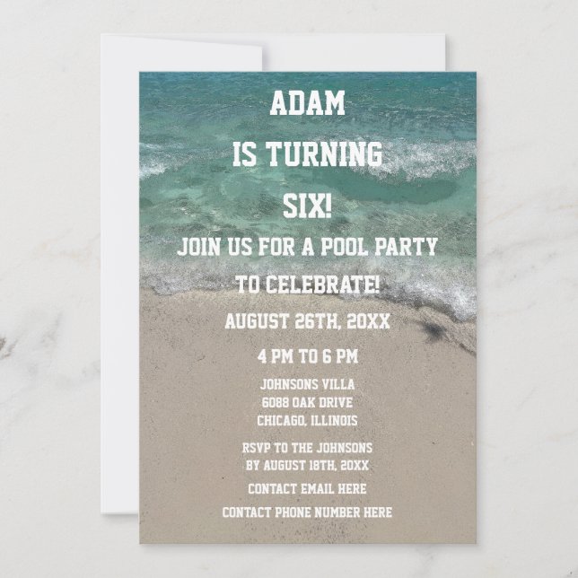 Invitation Pool Party 6Anniversaire Sixième Plage Art Cool (Devant)
