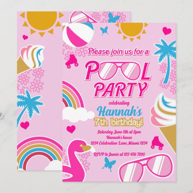 Invitation Pool Party 7e anniversaire fille Malibu poupée été (Devant / Derrière)